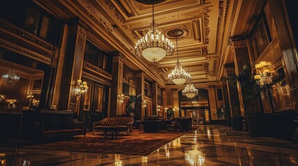 Fototapeta premium Grand Hotel Lobby: Opulent Elegance in Golden Hues