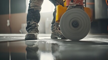 Obraz premium A detailed close-up of a construction worker using a concrete grinder to smooth out newly poured floors in a commercial building, Floor grinding scene, Renovation construction style