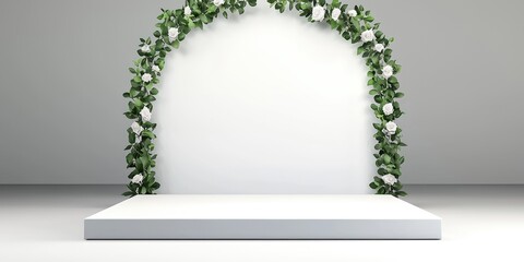 Fototapeta premium White platform with floral archway, minimalist wedding setup, product display.