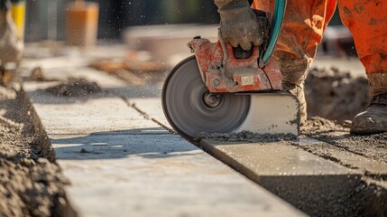A detailed close-up of a construction worker using a concrete saw to cut precise openings in a building slab for window installation, Concrete cutting scene, Precision construction style