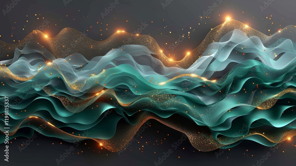 Poster flowing abstract waves in shades of teal and gold create a mesmerizing visual effect. the layers und