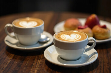 Obraz premium Two cups of freshly brewed coffee with intricate heart designs sit on white saucers. Pastries are arranged on the table, creating a warm and inviting atmosphere in the cafe.