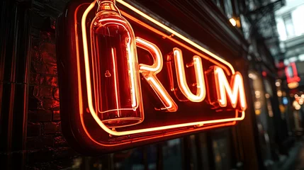 Neon rum sign glowing in nightlife bar setting with bottle and vibrant colors