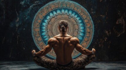 Fototapeta premium Biocentrism Concept. Meditative figure surrounded by intricate mandala patterns.