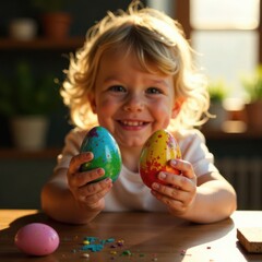 Fototapeta premium A joyful child with curly hair holds two vibrant Easter eggs in a cozy indoor space. Sunlight streams in, highlighting the festive atmosphere and decorations scattered around.