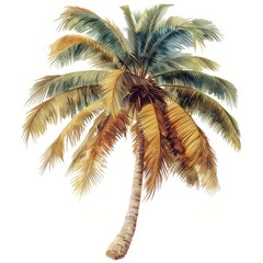 A palm tree stands tall with a mix of vibrant green and golden brown fronds. The texture of the leaves reveals the beauty of tropical nature against a bright background.