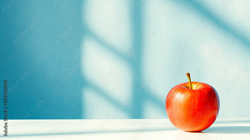 Poster bright red apple resting on a clean desk, capturing a moment of minimalistic serenity