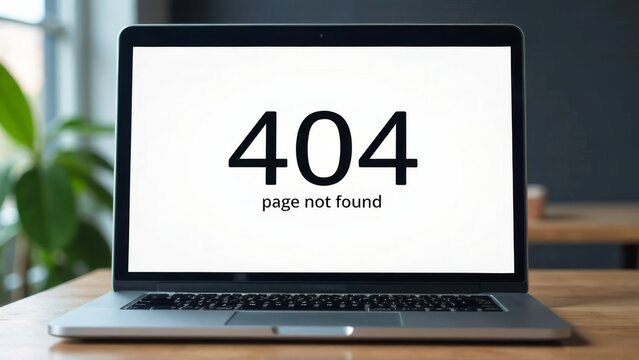 A laptop sits on a wooden desk in a modern office setting. The screen displays a 404 page not found error message, indicating a website access issue while a green plant is nearby.