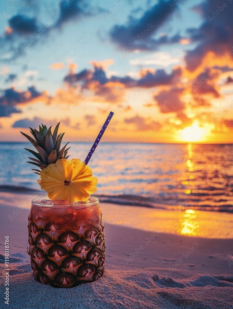 Poster refreshing tropical drink served in a pineapple at sunset on a serene beach with colorful clouds. ge