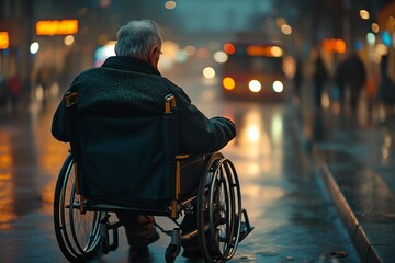 Obraz premium Elderly man seated in wheelchair waiting at a city bus stop captured in dramatic photograph