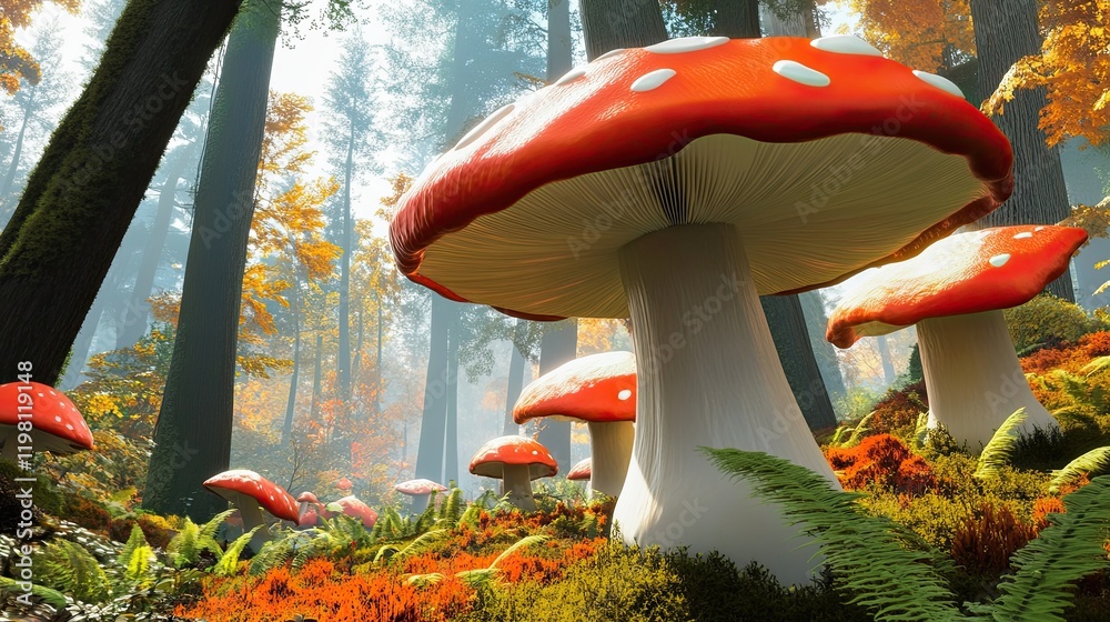 Poster enchanting forest with vibrant mushrooms illuminated by soft autumn light