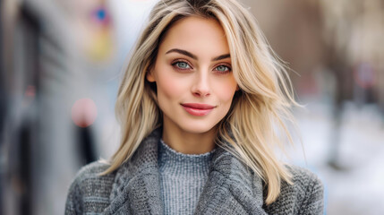 Obraz premium Elegant blonde woman in chic coat strolls confidently through the city streets, exuding style and grace.