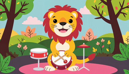Naklejka premium Smiling lion playing drums in a colorful jungle, joyful music celebration