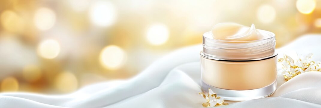 Futuristic Skincare Jar on Silk, Embodying Luxury and Tranquility in Serene Surroundings