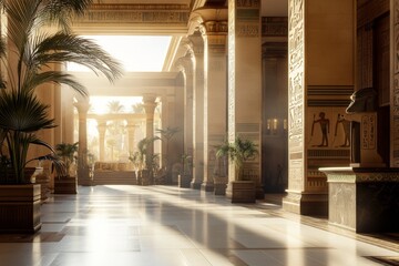 Fototapeta premium Ancient Egyptian temple interior with tall columns, intricate carvings, and warm sunlight filtering through at dawn