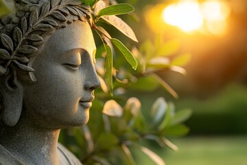 Serene stone statue surrounded by greenery at sunset in a tranquil garden