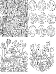 Easter eggs, tulips, bunnies coloring pages and patterns.