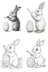Four adorable bunnies decorating Easter eggs.