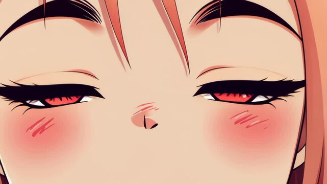 A vibrant vector art featuring a cartoonstyle anime face with striking red eyes, set against a colorful backdrop.