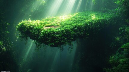 Submerged Rock Covered in Lush Green Plants Illuminated by Sunlight Beams in a Dark Cave