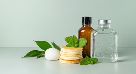Bottle of clear liquid next to a bottle of brown liquid