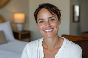 Smiling woman sitting in a bright room with a welcoming atmosphere and a relaxed demeanor