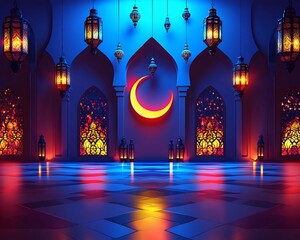Obraz premium Illuminated mosque interior with crescent moon and lanterns.