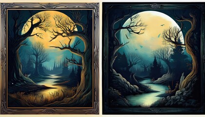 Eerie and Dark Art Paintings in Various Frames Haunting Forest Scenes at Twilight
