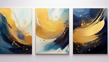 Vibrant Golden Splashes Three Abstract Masterpieces Celebrating Gold Paint Techniques, Blending...