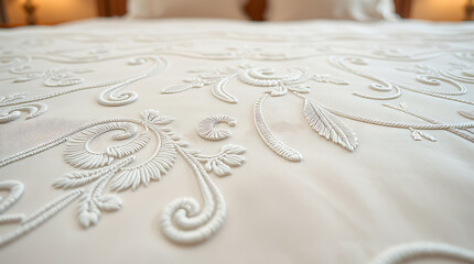 Close-up of Exquisite White Embroidery on Luxurious Bedding.  Elegant Floral and Swirl Design. Premium Home Decor, Classic Style.