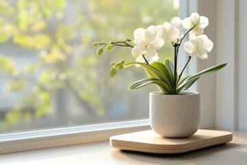 Beautiful white orchid in a simple pot on a wooden surface beside a sunny window