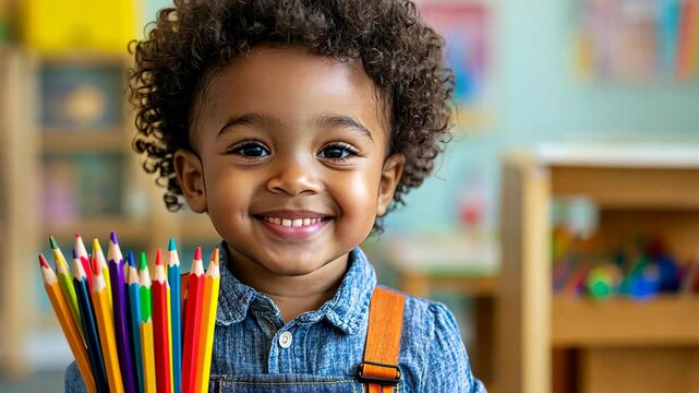 A cheerful toddler with curly hair holds bright colored pencils, radiating creativity in a lively kindergarten classroom.