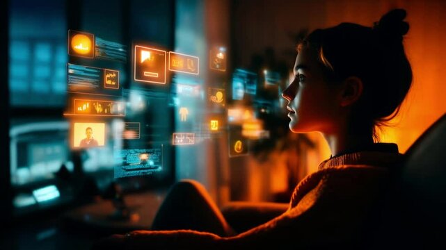 Woman in orange sweater using virtual interface at home.