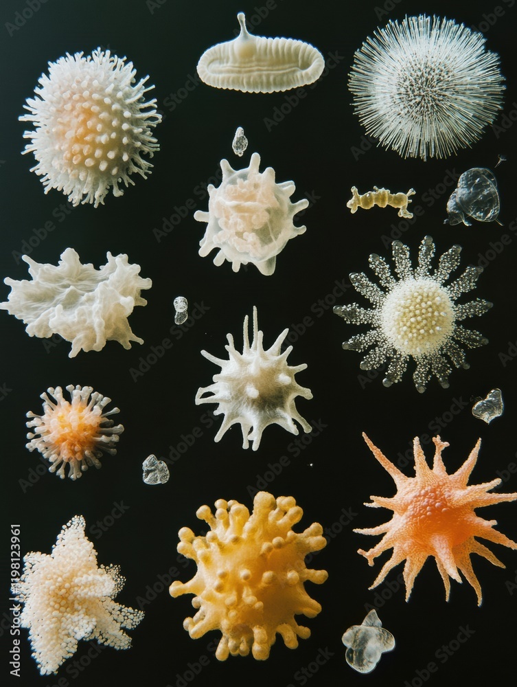 Poster sequence of evolving bacteria showcasing diverse forms and structures under microscopic observation.