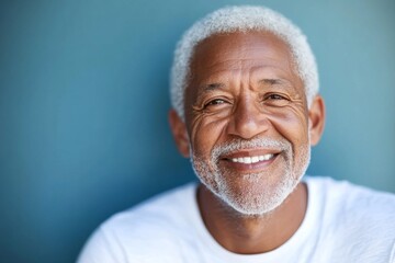 Obraz premium Portrait of an older man smiling against a vibrant blue wall, radiating warmth and joy in the afternoon light