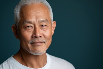 Fototapeta premium Older man with gray hair and beard smiling softly against a dark blue background