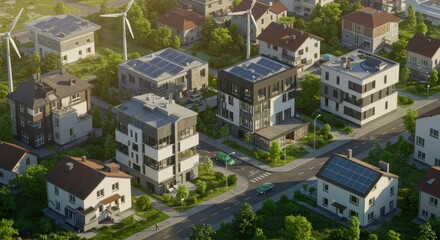 Obraz premium Eco-Friendly Suburbia: An aerial view showcases a sustainable community, with houses equipped with solar panels and wind turbines in the background.
