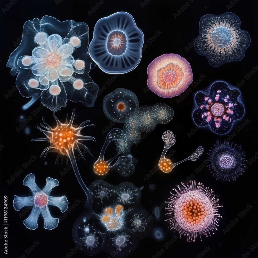 Aufkleber sequence of evolving bacteria showcasing diverse forms and structures under microscope. generative a
