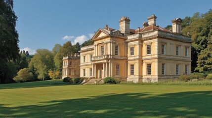 Grand historic mansion surrounded by lush greenery under a clear blue sky, showcasing architectural beauty