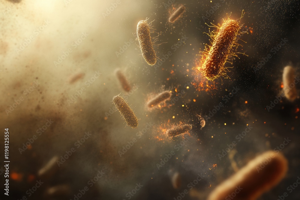 Poster detailed 3d render of microbes showcasing their complex structure and movement in a dynamic environm
