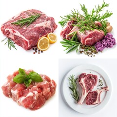 Raw meat cuts collage rib, lamb chops, pork, and rosemary.