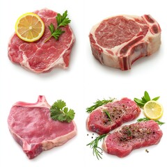 Four raw pork chops, various cuts, garnished with lemon & herbs.