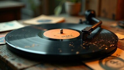 A cracked vintage jazz vinyl record on a distressed wooden table, its faded label and worn grooves illuminated by warm light. A nostalgic tribute to the timeless charm of jazz.
