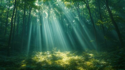 Obraz premium Sunbeams Illuminate Lush Forest Floor, Creating a Magical and Peaceful Atmosphere