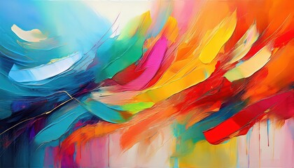Vivid Abstract Masterpiece Bold Brush Strokes on White Canvas Unveil a Kaleidoscope of Colors at Dusk on