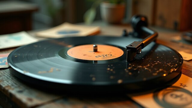 A cracked vintage jazz vinyl record on a distressed wooden table, its faded label and worn grooves illuminated by warm light. A nostalgic tribute to the timeless charm of jazz.