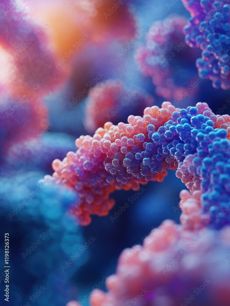 Aufkleber Close up of an RNA chain surrounded by colorful viruses highlighting molecular structure and interaction. Generative AI