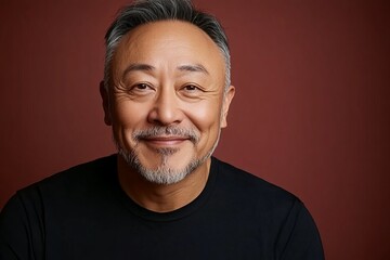 Obraz premium Smiling man with beard poses against a warm background in a relaxed setting surrounded by a friendly atmosphere