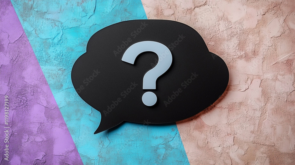 Poster speech bubble with question mark against colorful background for communication and inquiry represent