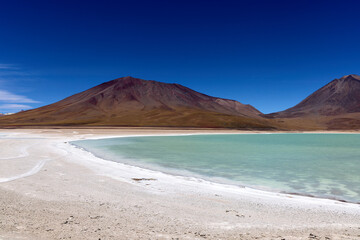 Bolivia, Verde Lagoon, Avaroa National Park. Beautiful lake with green toxic water. Wide frame.